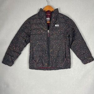 REI Co Op Kids Down Puffer Jacket Black Star Print Full Zip Size Small 8